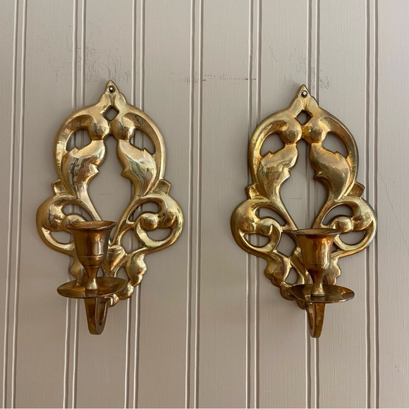 Source Unknown Other - Two BRASS Mid-Century Art Nouveau Candlestick Wall Sconces